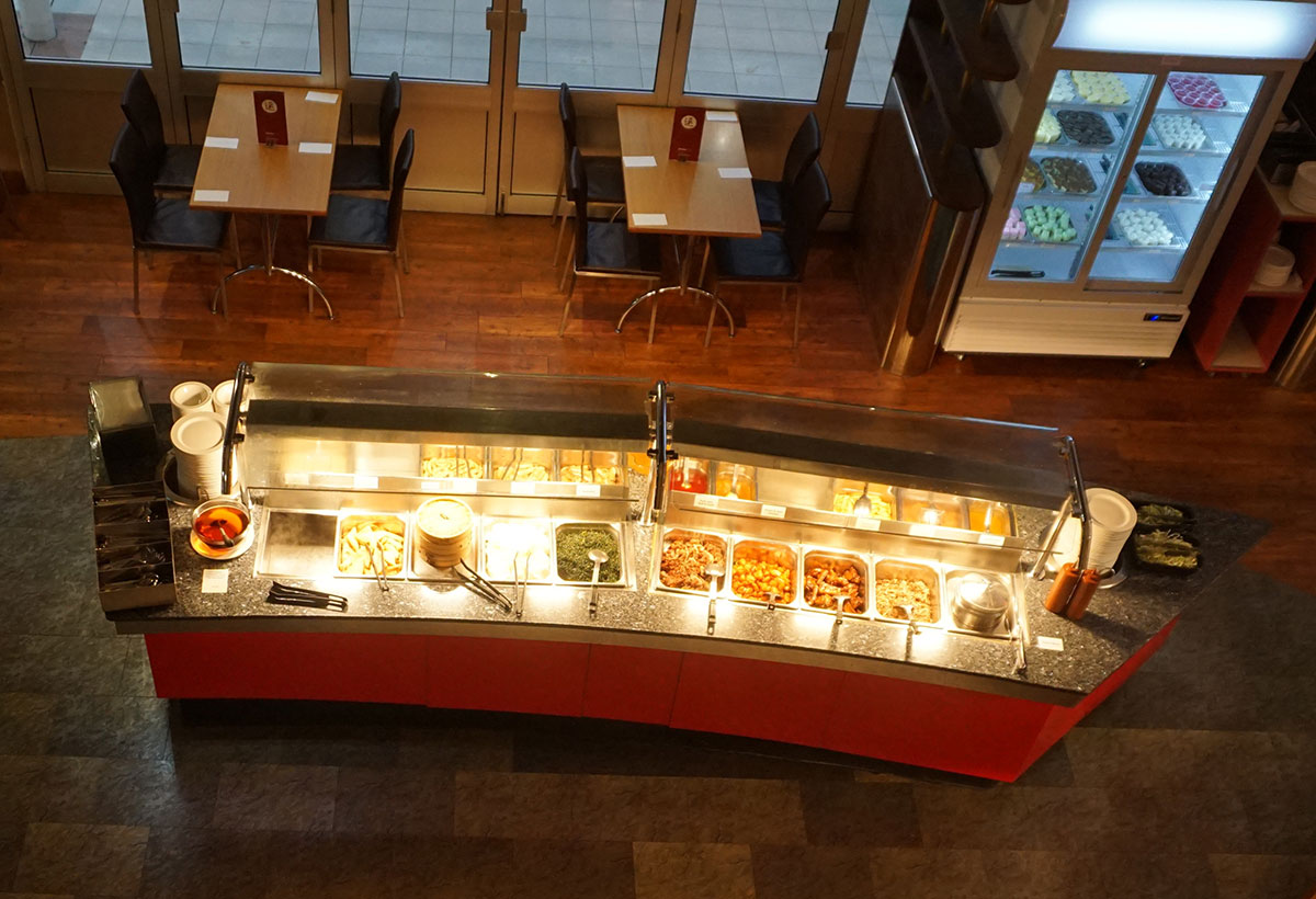 Arial view of buffet in Aroma restaurant